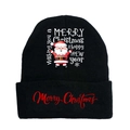 Detail of Christmas Santa print and festive lettering on black knit winter beanie - Black-Style C