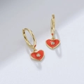 Close-up of S925 silver heart earrings with red enamel finish and sparkling zircon stones - 925 Silver / Tomato Red