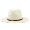 Détail du chapeau de paille blanc cassé avec bande tressée brune et boucle métal - Blanc Cassé