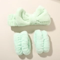 Mint green plush headband and wristband set with a large bow for skincare routines - Green - 3-piece Set (wristbands Have 3 Hand-stitched Seams)