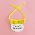 Detailed view of yellow knitted pet birthday bib with Happy Birthday white embroidery - Yellow Birthday Bib