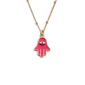 Golden Hamsa Hand necklace with pink enamel eye pendant on a clean white background - Deep Pink