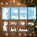 Size chart for Christmas window stickers featuring Santa, snow houses, and forest scenes - White Snow House Pattern Set / 4pcs