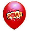 Close-up of red superhero party balloon with POW! text and white spider web graphics - POW! Style / Red