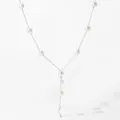 Detail of Y-shaped stainless steel necklace with white pearls on a minimalist white background - Silver (PDD675)
