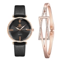 Women's black leather watch and rose gold geometric bracelet set with rhinestones - Black + Bracelet