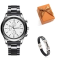 Détail d'une montre à quartz pour homme avec bracelet en acier et bracelet en caoutchouc - Cadran Blanc + Bracelet à Boucle Argentée + Boîte à Nœud