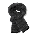 Detail of grey mixed-knit scarf showing thick wool texture and black ribbed hem edges - Scarf-Black
