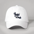 White cotton baseball cap with black Good Vibes script and adjustable brim design - Adjustable / White