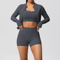 Ensemble de yoga 3 pièces gris anthracite avec veste zippée, brassière et short - Gris Graphite