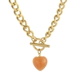 Golden chunky chain necklace featuring an orange heart pendant and classic OT clasp - Dark Brown Necklace (KN230069-BH)