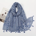 Close-up of blue paisley printed scarf with fringe tassels and soft linen texture - Blue Vintage Paisley Style (XB959-02)