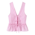 Roze en wit gestreepte mouwloze peplum top met strikjes en een diepe V-halslijn - XS / Tops / Roze Wit Gestreept