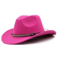 Detail of magenta wool felt fedora with ethnic style woven ribbon and metal stud accents - Rose Red