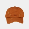 Detail of washed cotton baseball cap with distressed rips and OFF embroidery on brim - Caramel color