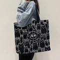 Black canvas tote bag with white cat doodle print and large capacity for daily commuting - Full Print Cartoon Cat - Black