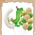 Cream number 6 balloon set with cartoon dinosaur and sage green latex balloons - FG16 Dinosaur Theme Number 6