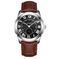Silver stainless steel watch with black Roman dial and brown crocodile leather strap - Brown Leather Strap Black Dial