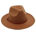 Detailed texture of brown wool felt fedora with leather strap and gold rivet details - One Size (57cm) / Khaki (3 Studs)