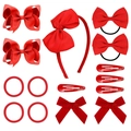 Detailed set of red ribbed bow hair clips and elastic headbands for children - Red