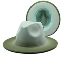 Two-tone wool fedora hat in mint and olive green with elegant wide brim for unisex style - M (56-58cm) / Mint Green + Army Green