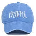 Detailed view of white mimi embroidery on a blue washed cotton vintage baseball cap - Adjustable / Light Blue