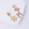 Asymmetric Christmas earrings featuring gold reindeer and snowflake with sparkling crystals - Snowflake Elk Stud
