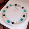 Multicolor beaded necklace with turquoise and pearl beads and silver metal details - 19# Vintage Four-color Round Beaded Silver Necklace