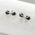 Elegant bow-knot stud earrings with pear-shaped black stones and white zircons - Silver Black Zircon Vintage Style (EH4586-8)