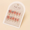 Detail of coffin-shaped handmade press-on nails with pink gradient, rhinestones, and silver chains - By1683 / Glue Type