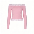 Pink off-shoulder long sleeve top with delicate eyelash lace trim and slim fit - XS / Pink