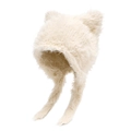 Cute off-white plush cat ear trapper hat with warm ear flaps for winter comfort - Beige