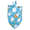 Detail of sky blue Easter pet bandana showing rabbit, chick, and egg prints clearly - M / Blue Base Bunnies