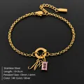Elegant 14K gold plated stainless steel bracelet with letter M and pink gemstone charms - Letter N