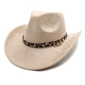 Beige faux suede cowboy hat featuring a leopard print band and golden buckle detail - Camel / M (56-58cm)