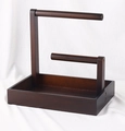 Macro shot of two-tier walnut wood jewelry stand with hanging bars and bottom tray - Brown