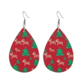 Detailed view of red teardrop leather earrings with festive reindeer and Christmas trees - Red Base Elk Christmas Tree