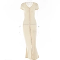 Detailed front view of beige V-neck long dress with elegant buttons on white background - M / Apricot