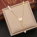 Collana a farfalla dorata con perle bianche e inserti in madreperla raffinata - Stile Farfalla in Madreperla con Nappa(6#)
