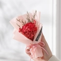 Handheld gift bouquet with red carnation and babys breath in pink paper wrap - Red Carnation Pink Paper