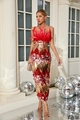 Dettaglio di piume rosse e paillettes sfumate su un vestito da sera glamour chic - S / Rosso