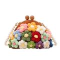 Handmade brown canvas shell bag with 3D crochet flowers and pearl chain strap - Khaki