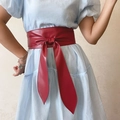 Women's wide red PU leather waist belt with bow tie knot on blue dress for coats - Burgundy