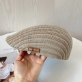 Detailed close-up of breathable beige woven beret featuring a signature brown leather RF label - M(56-58cm) / Khaki