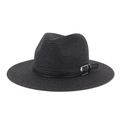 Chapeau de soleil en paille noire avec ruban en similicuir et boucle métallique argentée - Noir