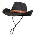 Classic black straw cowboy sun hat with brown leather band and decorative rivets - M(56-58cm) / Black
