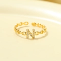 Adjustable S925 silver open ring with gold letter N and sparkling white zircon stones - Gold-Letter N
