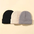 Three minimalist knitted beanies in black, cream, and grey for kids with warm ribbed texture - One Size / Black+Grey+Beige