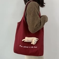 Grand sac cabas bordeaux en toile de style japonais avec breloque chat en peluche - Rouge Foncé Chat