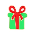 Detailed view of a green enamel Christmas gift box pin with red bow and gold metal edges - 08 KC Gold Gift Box